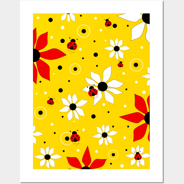 LADYBUGS and Flowers Blooming Paradise - Flowers Art Wall Art by SartorisArt1